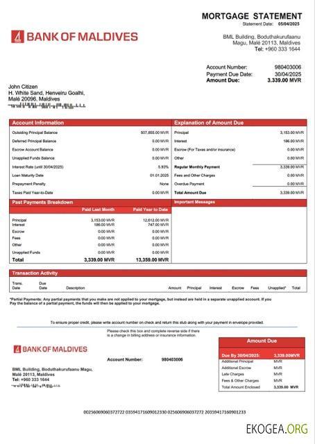 Modèle Word et PDF de relevé hypothécaire de la Banque des Maldives des Maldives